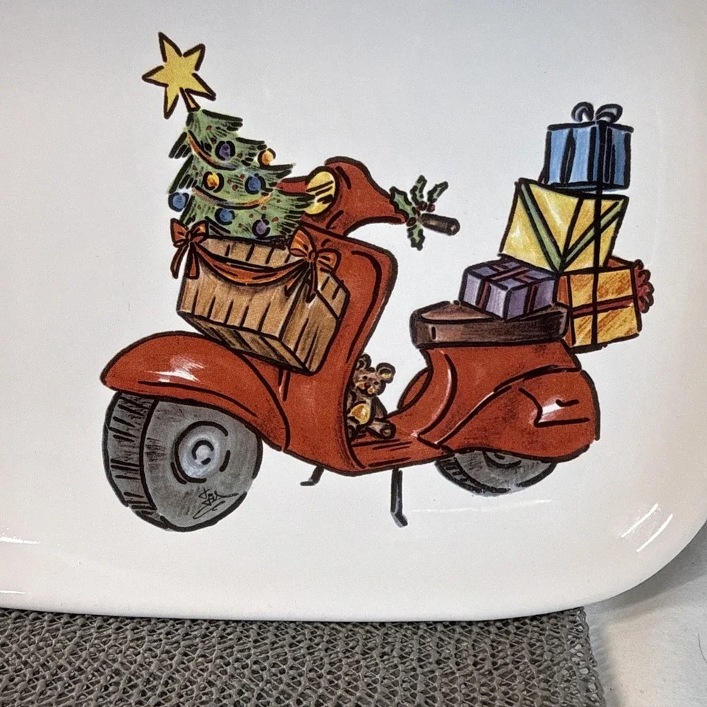 Ceramisia Red Moped With A Christmas Tree & Gifts Stoneware Cookie Plate Italy
